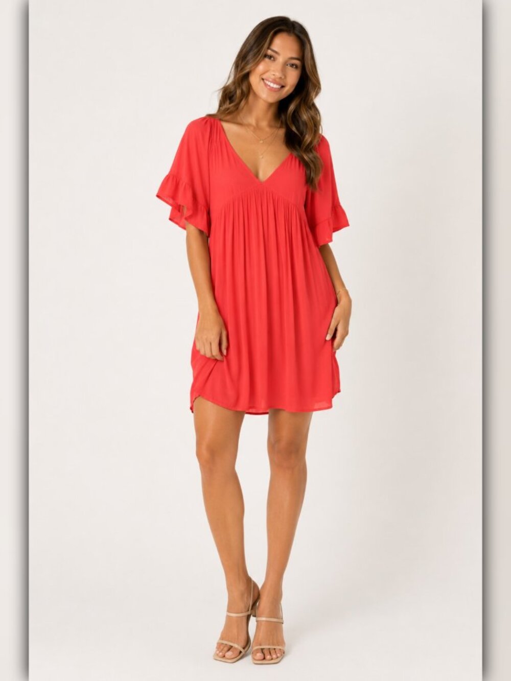 A200 • Coral Flutter Sleeve Babydoll Mini Dress